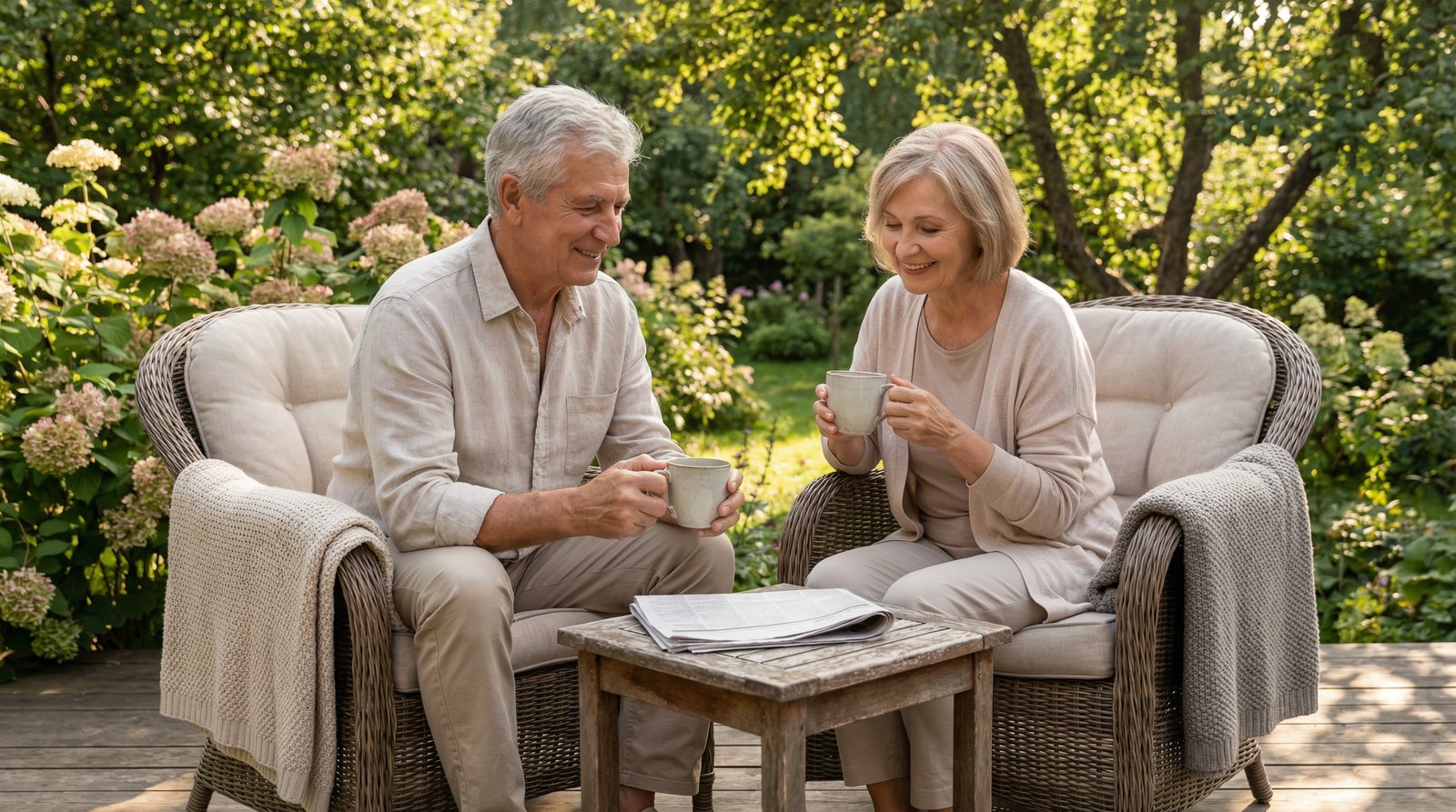 Senior couple enjoying peaceful time in garden