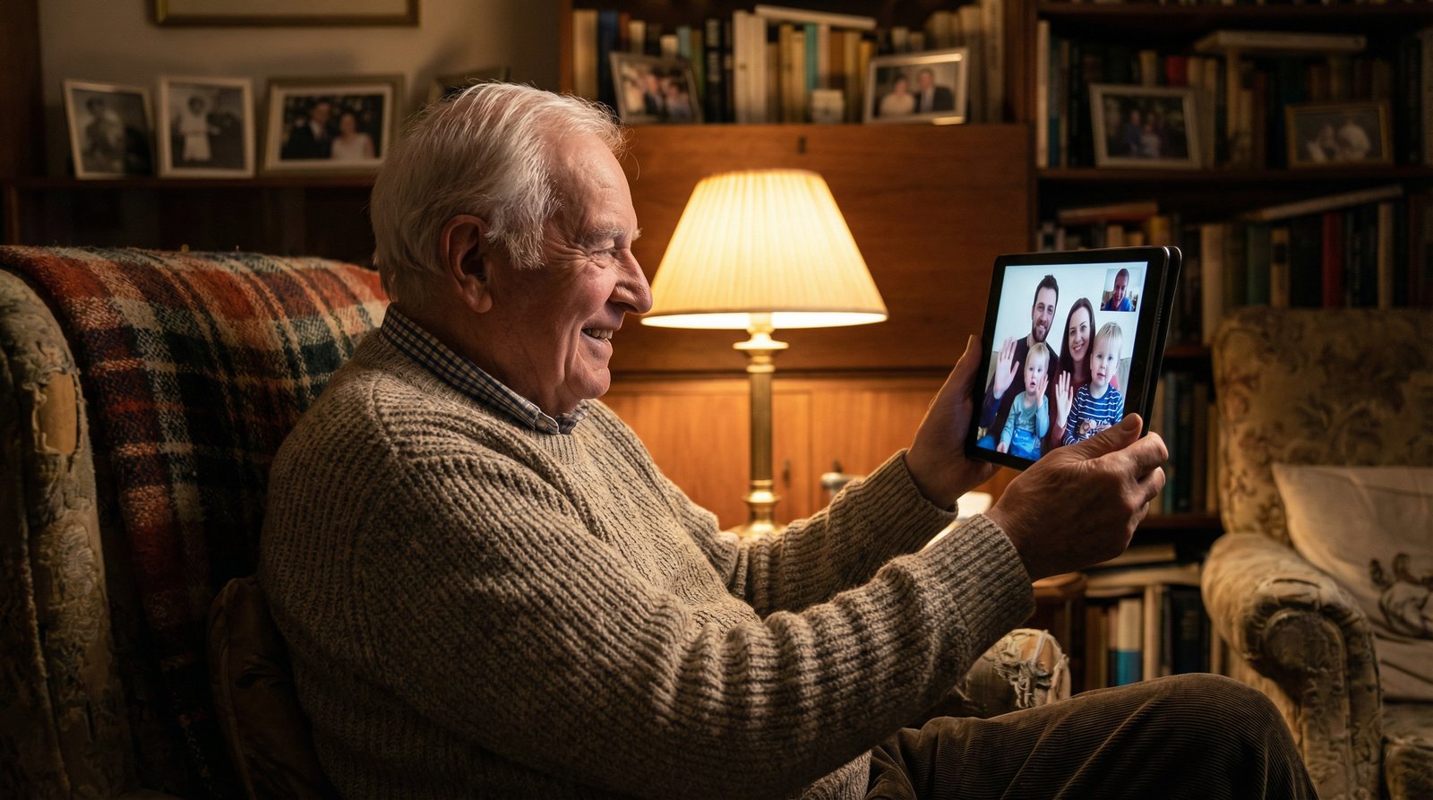 Senior staying connected with family through video call
